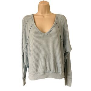 Free People Womens Small Top Thermal Waffle Knit We The Free Boho Shirt Blue